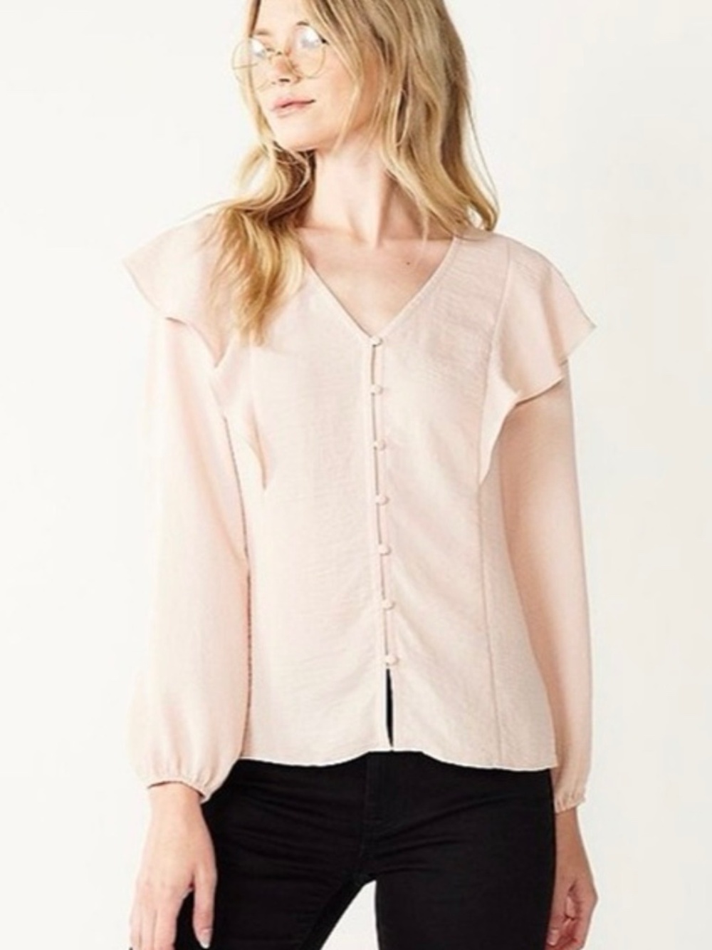 Nine West flounce trim long sleeve blouse faint whisper